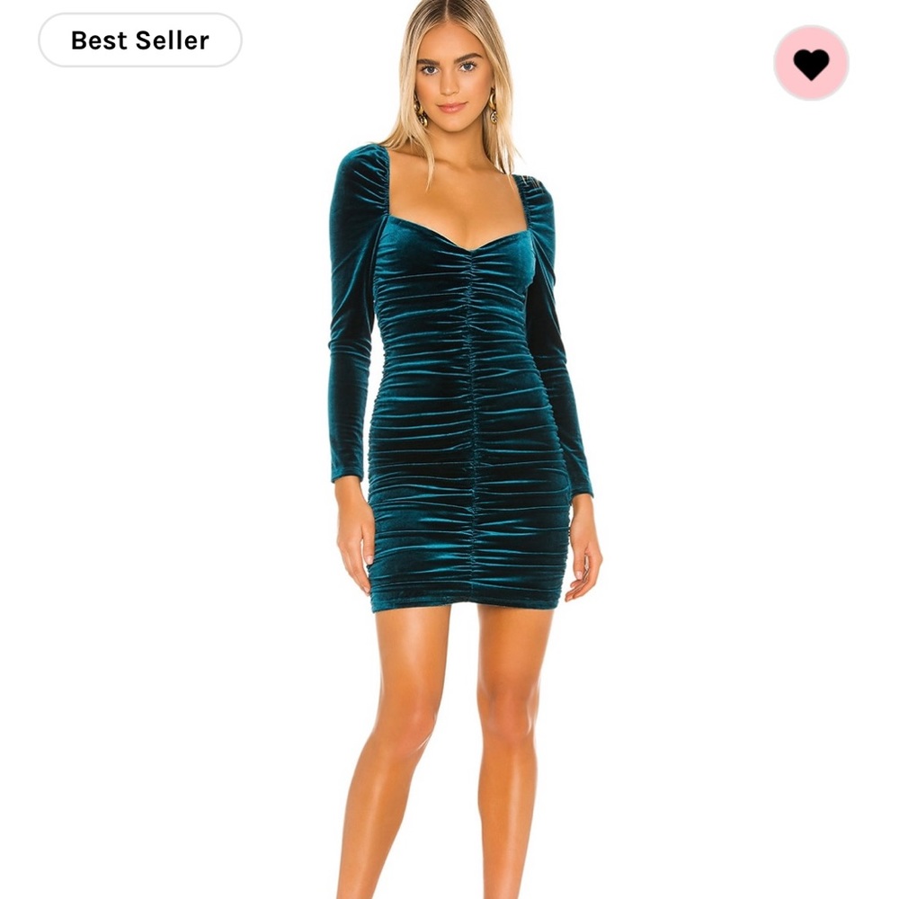 Lovers and Friends teal ruched velvet mini cocktail dress.